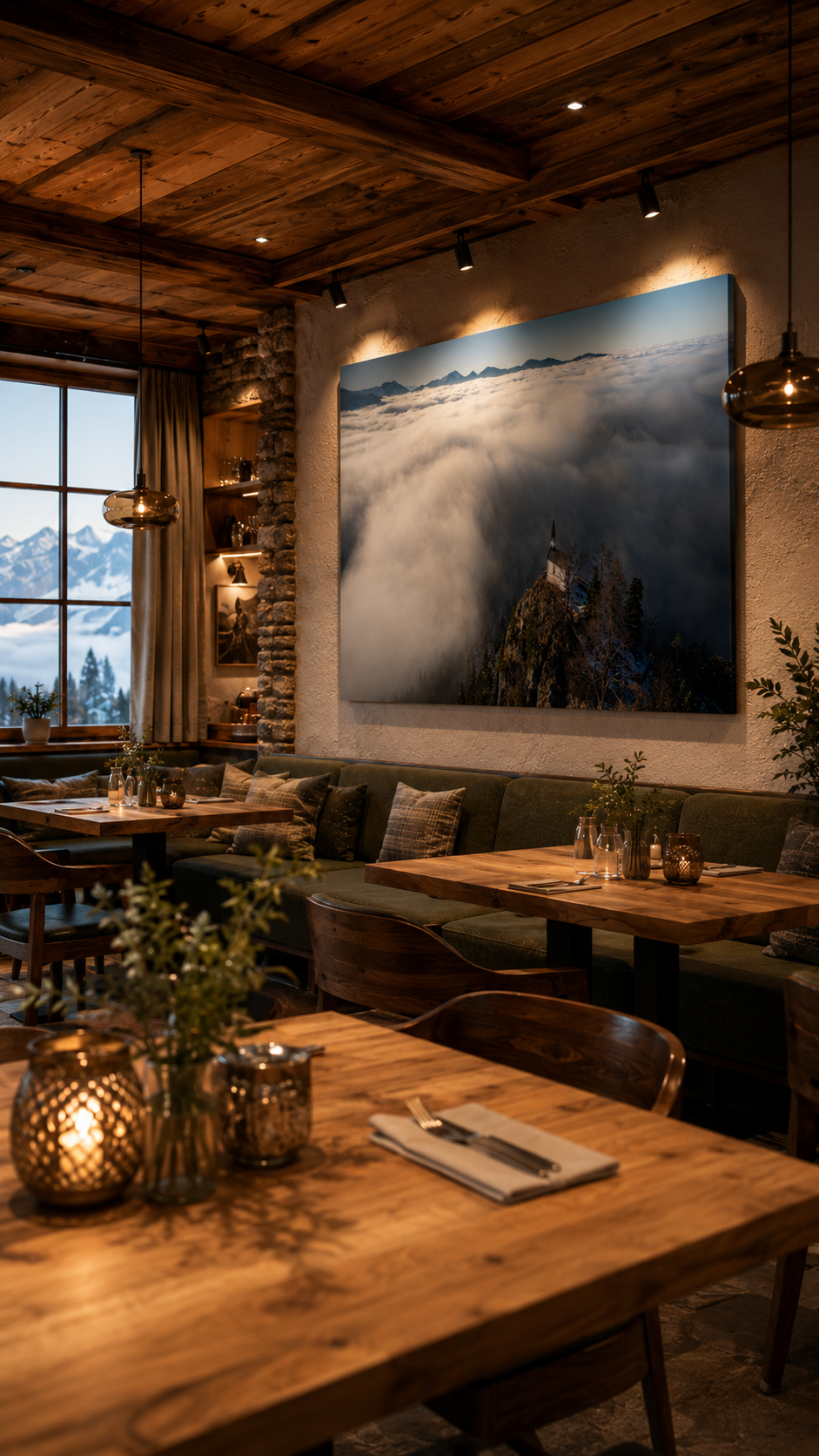 Premium-Leinwand mit Alpenmotiv in gemütlicher Gastronomie