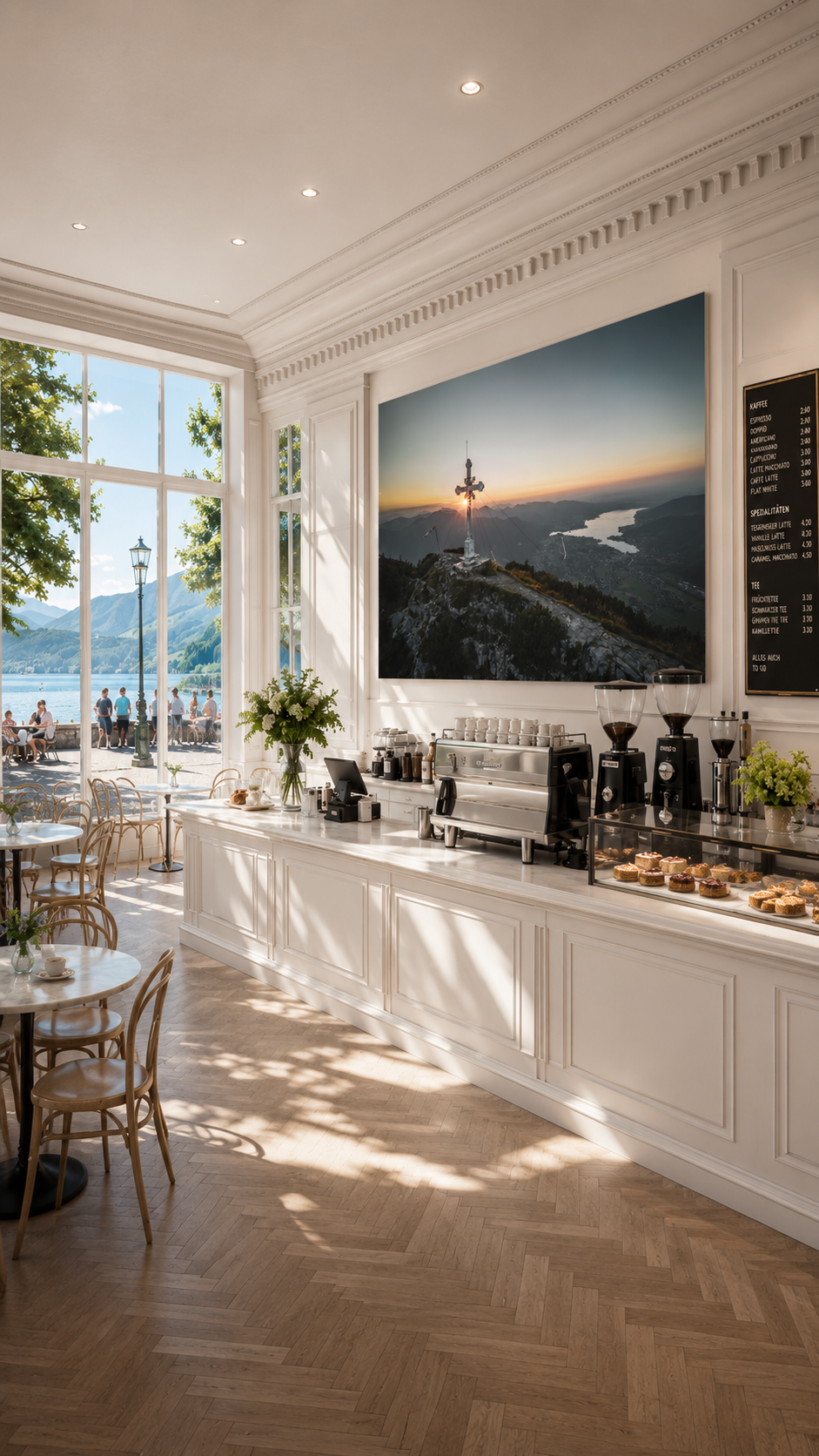 Restaurant mit großformatiger Leinwand und regionalem Tegernsee-Motiv