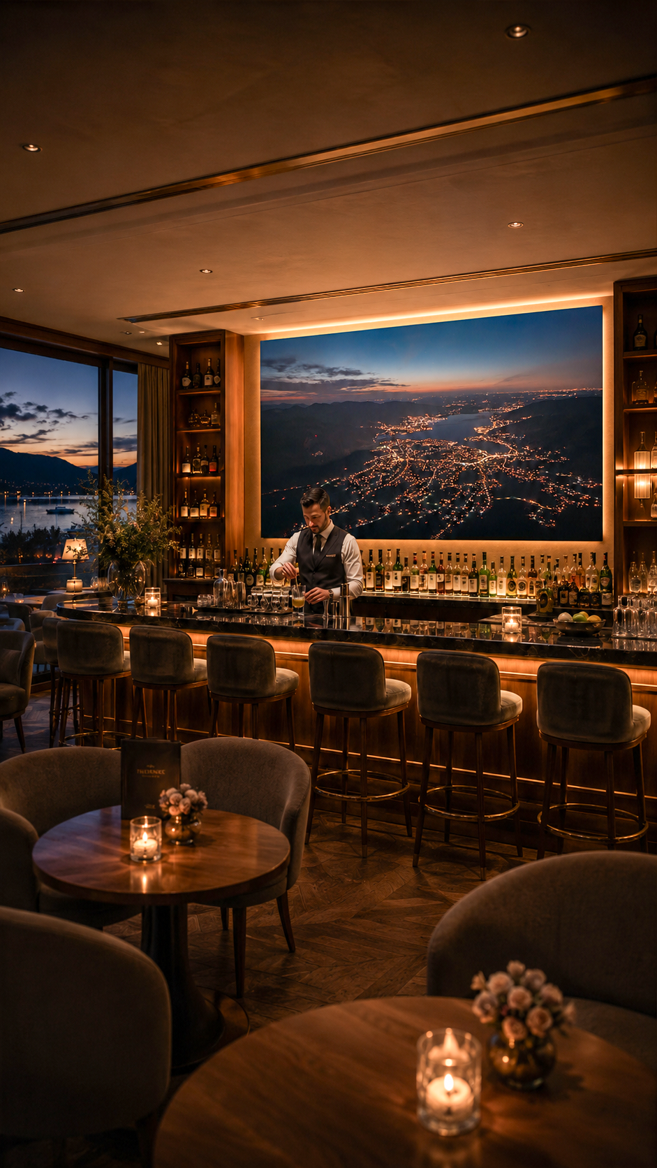 Großformatige Leinwand mit Luftbildmotiv in Bar am Tegernsee