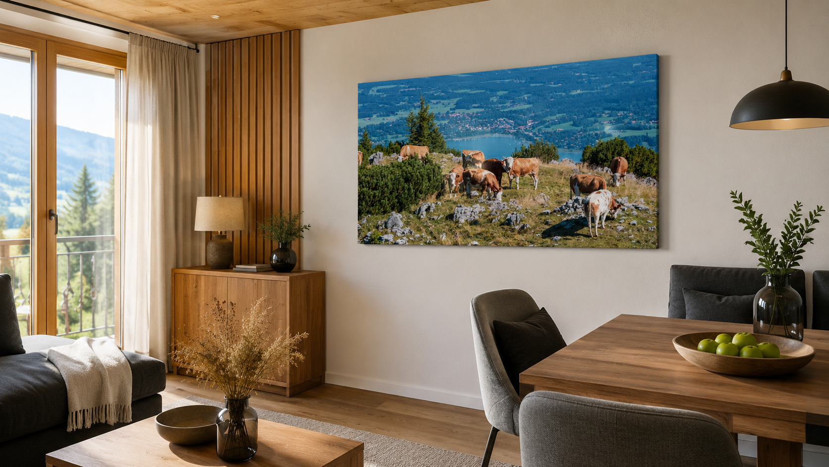 Wohnbereich einer Ferienwohnung mit Tegernseer Leinwandmotiv